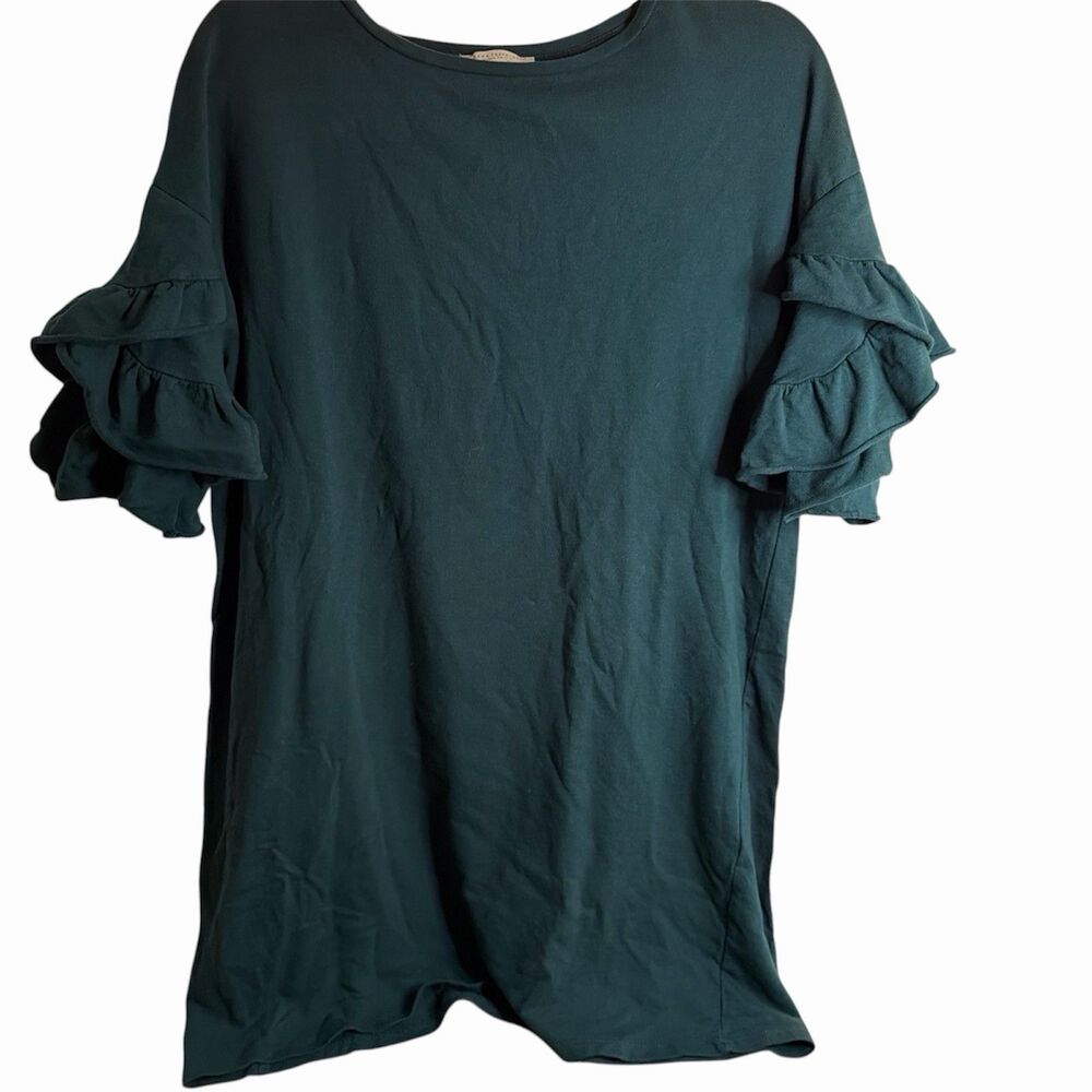 ZARA Trafaluc Dark Green Ruffle Tiered Sleeve Knit Oversized Mini Dress Tunic S